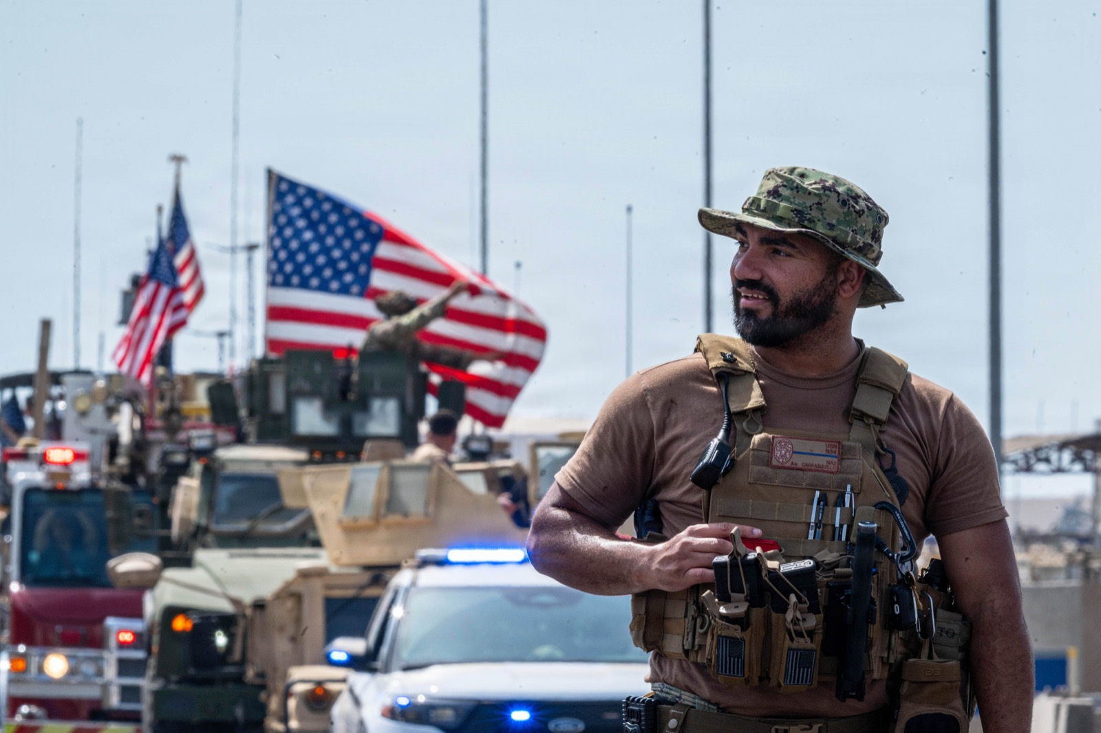 U.S. service member participating in the Independence Day parade at Camp Lemonnier, Djibouti